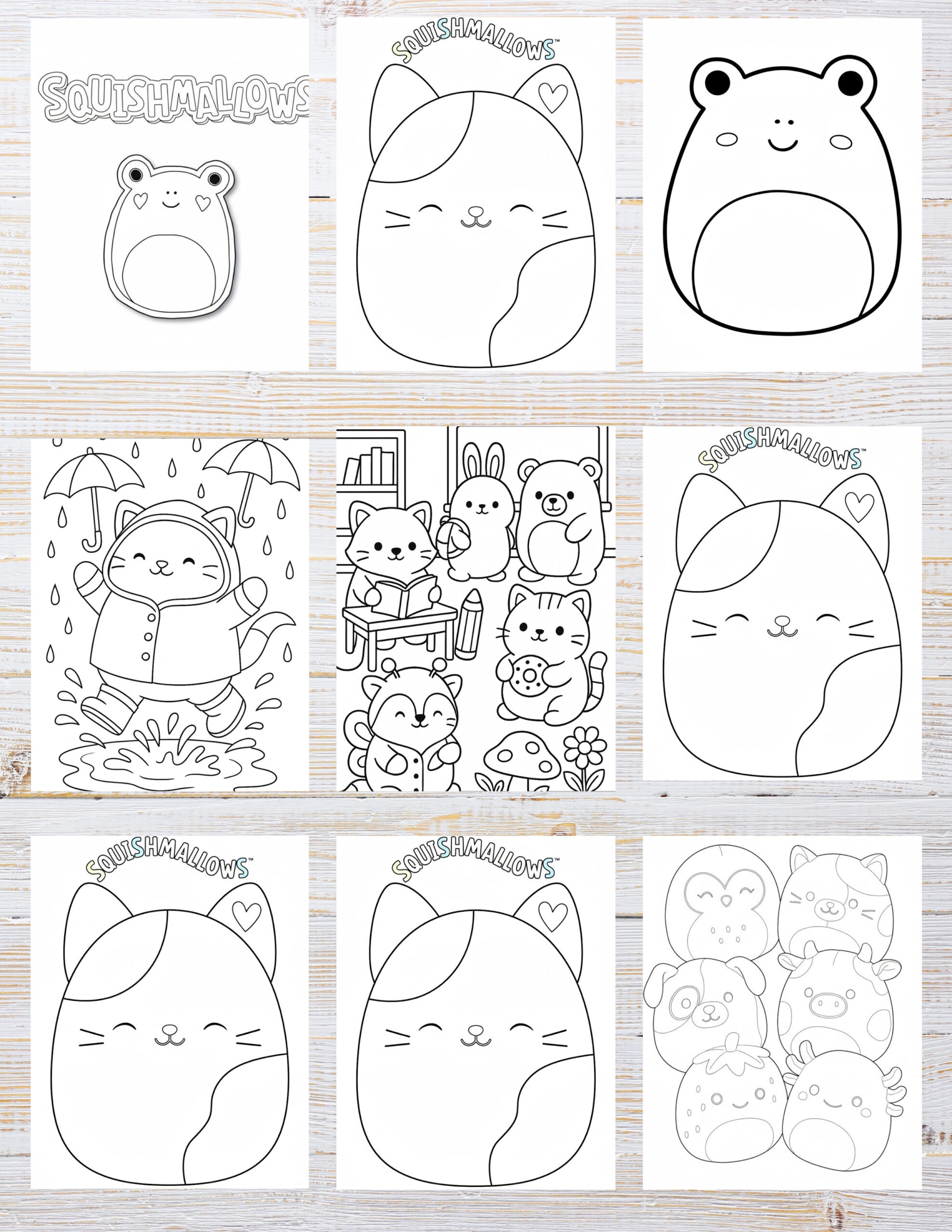 10 Printable Squishmallow Coloring Pages for Kids | Free PDF Download 2 Black and white illustrations of cute plush characters with playful expressions, ready for coloring.
