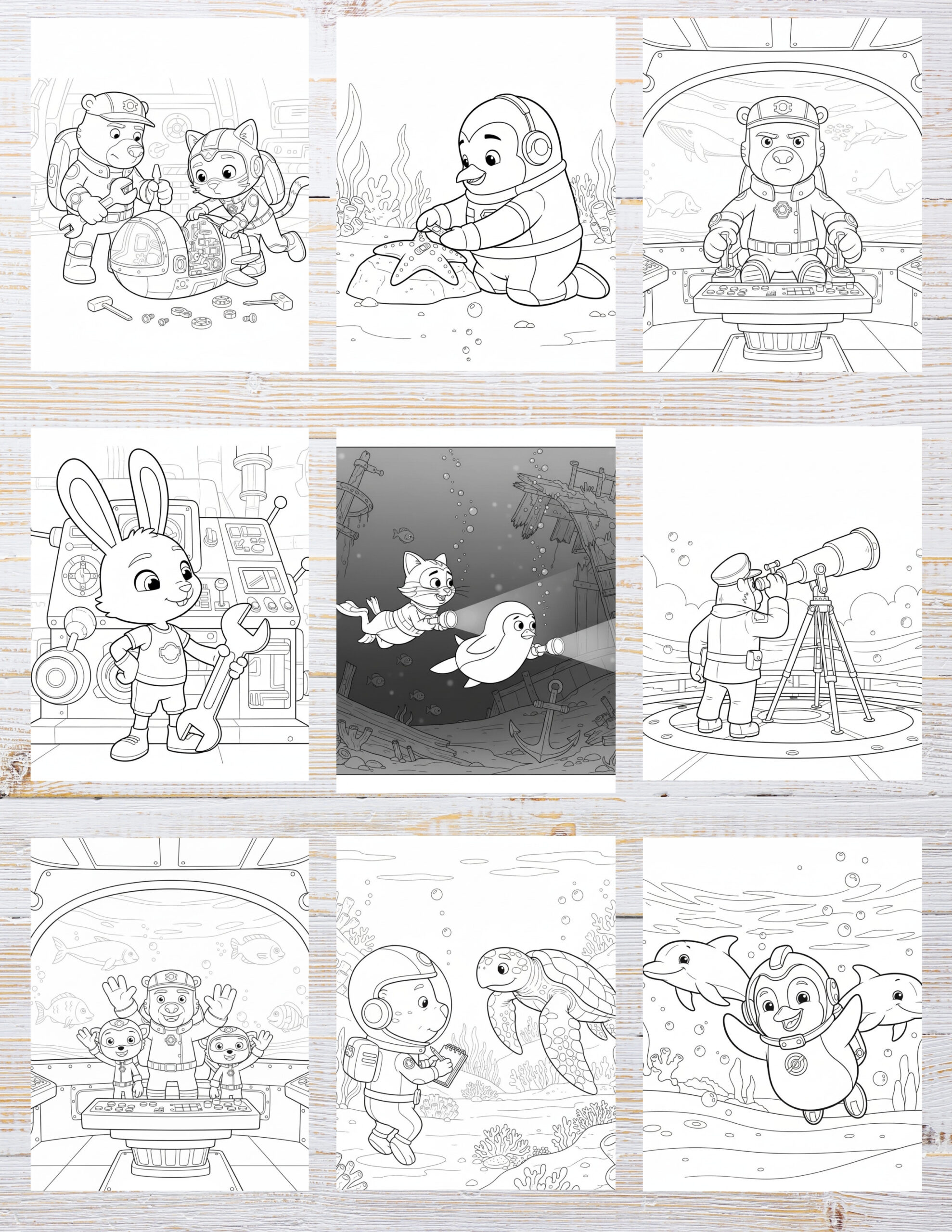 10 Printable Octonauts Coloring Pages for Kids | Free PDF Download 2 Black and white cartoon illustrations of adventurous underwater characters in dynamic poses, ready for creative coloring.