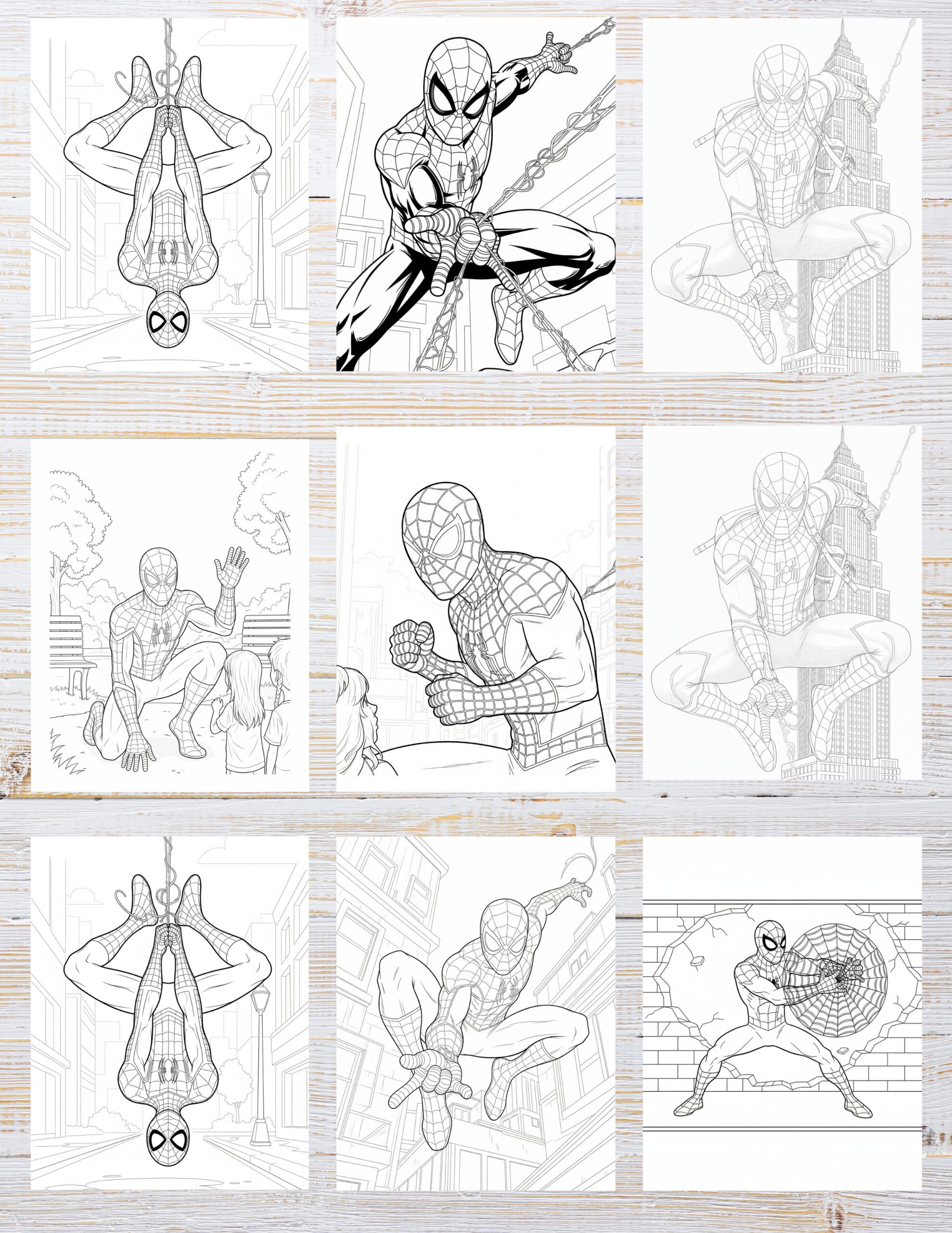 10 Printable Spiderman Coloring Pages for Kids | Free PDF Download 2 Black and white cartoon illustrations of a web-slinging superhero in dynamic poses, ready for creative coloring.