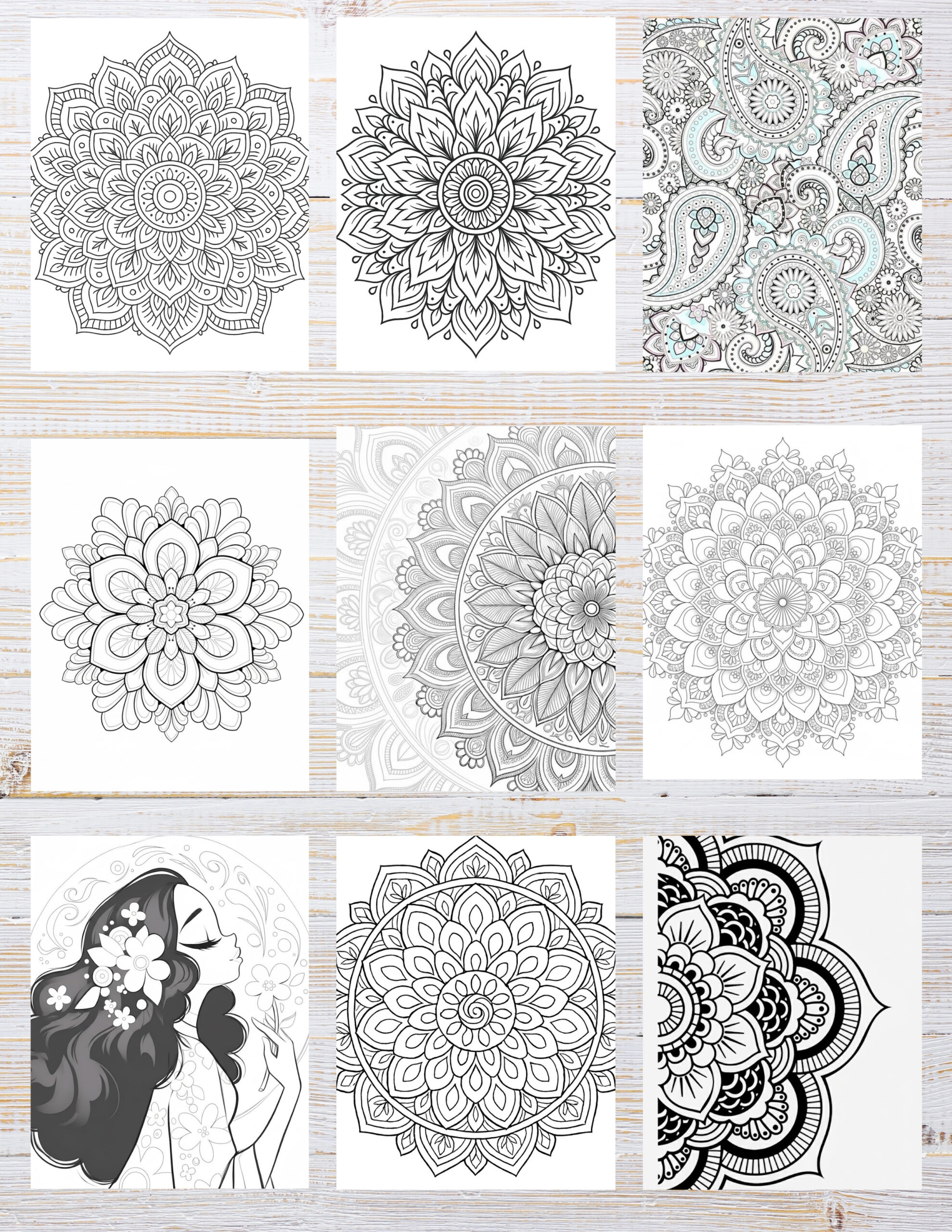 10 Printable Mandala Coloring Pages for Kids | Free PDF Download 2 Black and white circular pattern design with symmetrical shapes and details, ready for coloring.