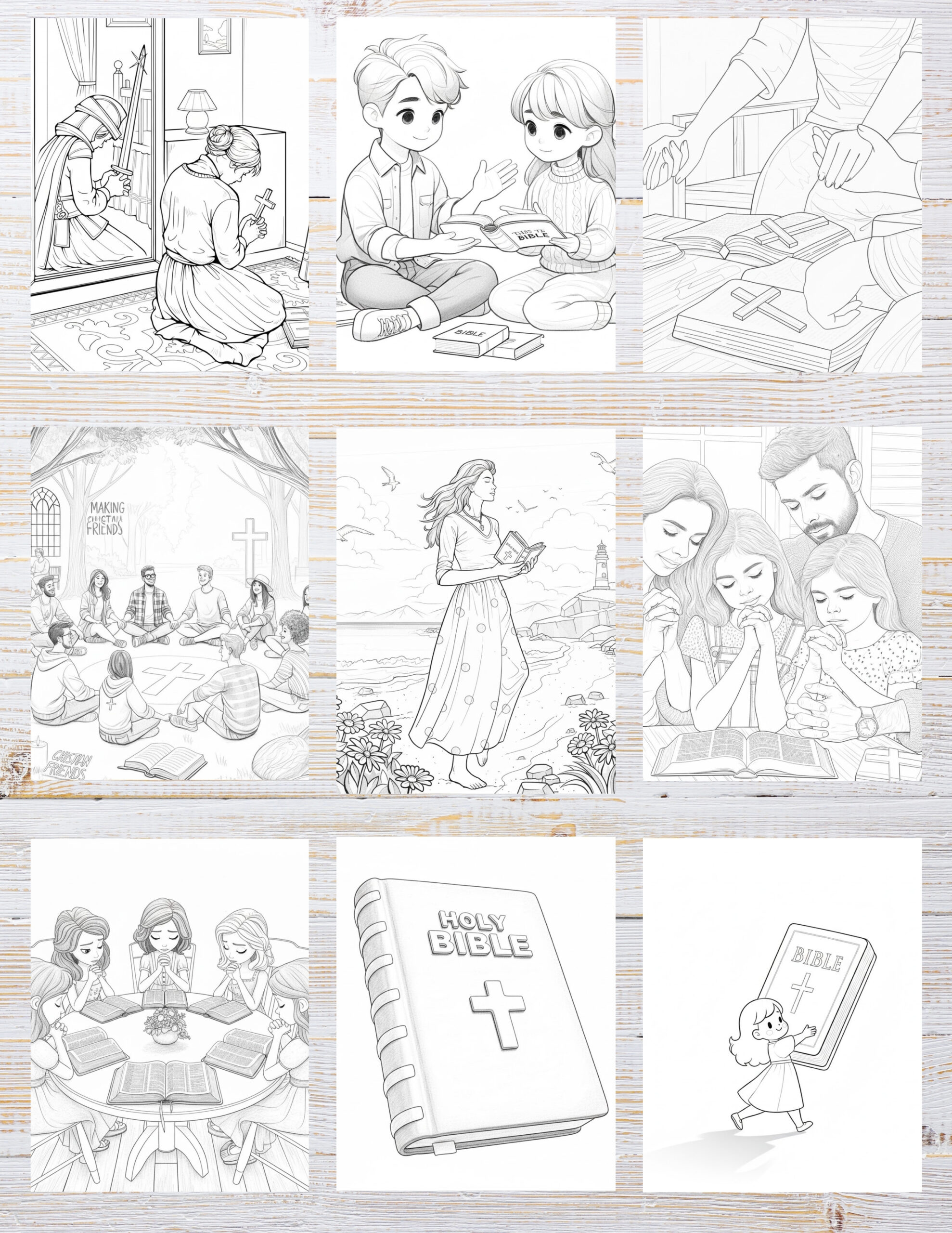 10 Printable Bible Coloring Pages for Kids | Free PDF Download 2 Black and white illustrations of biblical characters and scenes, ready for creative coloring.