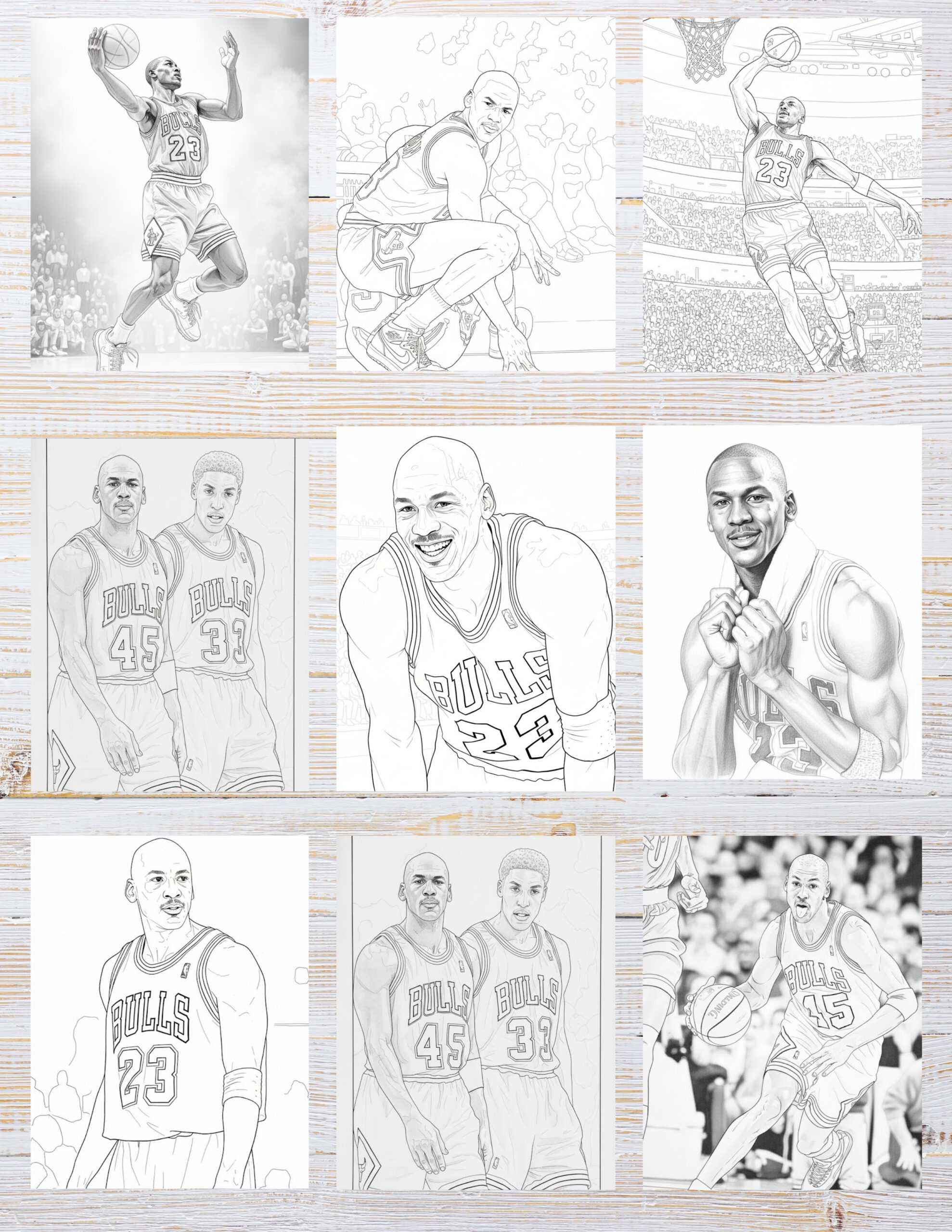 10 Printable Michael Jordan Coloring Pages for Kids | Free PDF Download 2 Black and white illustration of a professional basketball player performing an action pose, designed for coloring.