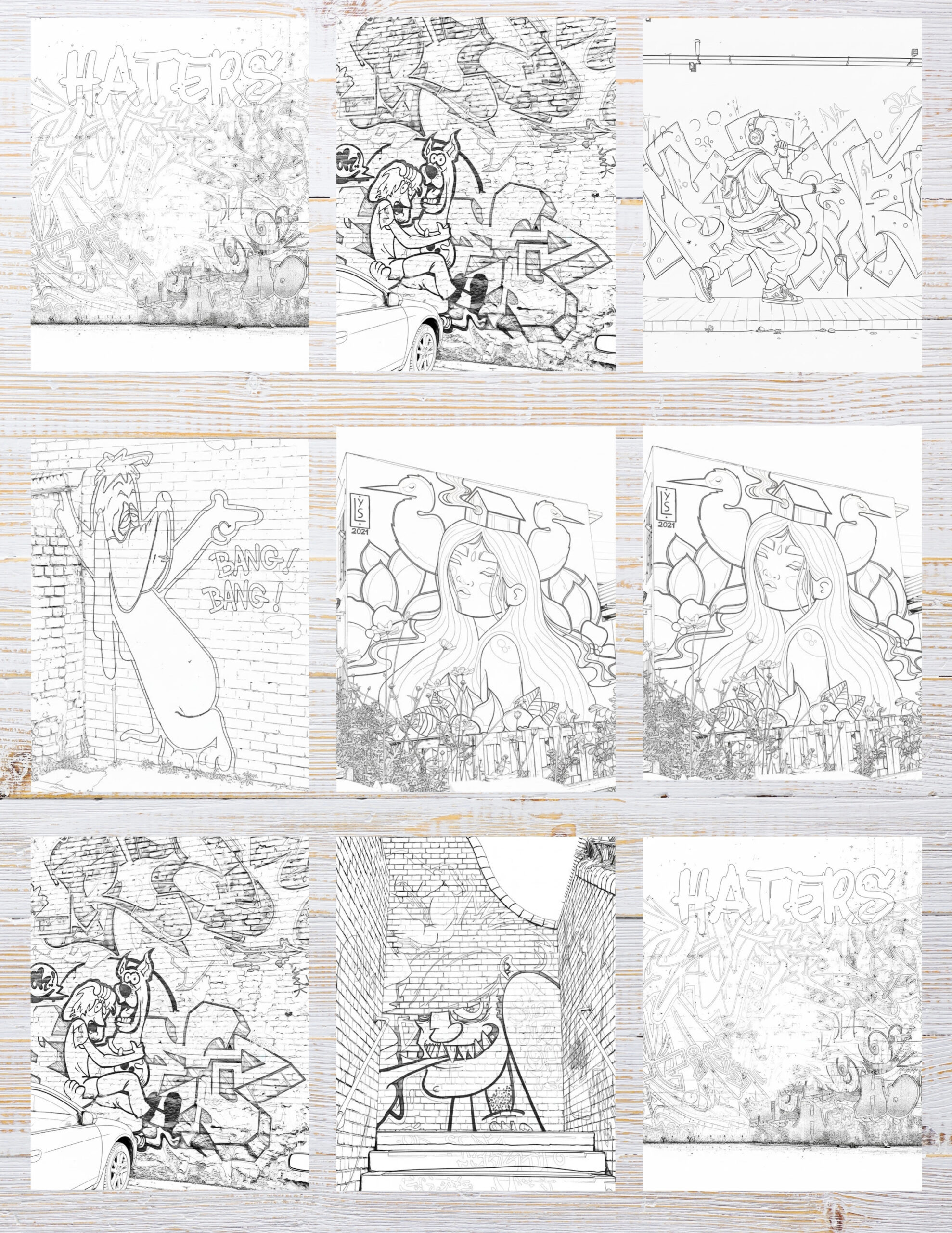 10 Printable Graffiti Coloring Pages for Kids | Free PDF Download 2 Black and white urban-style illustrations featuring bold lettering, abstract shapes, and street art designs ready for coloring.