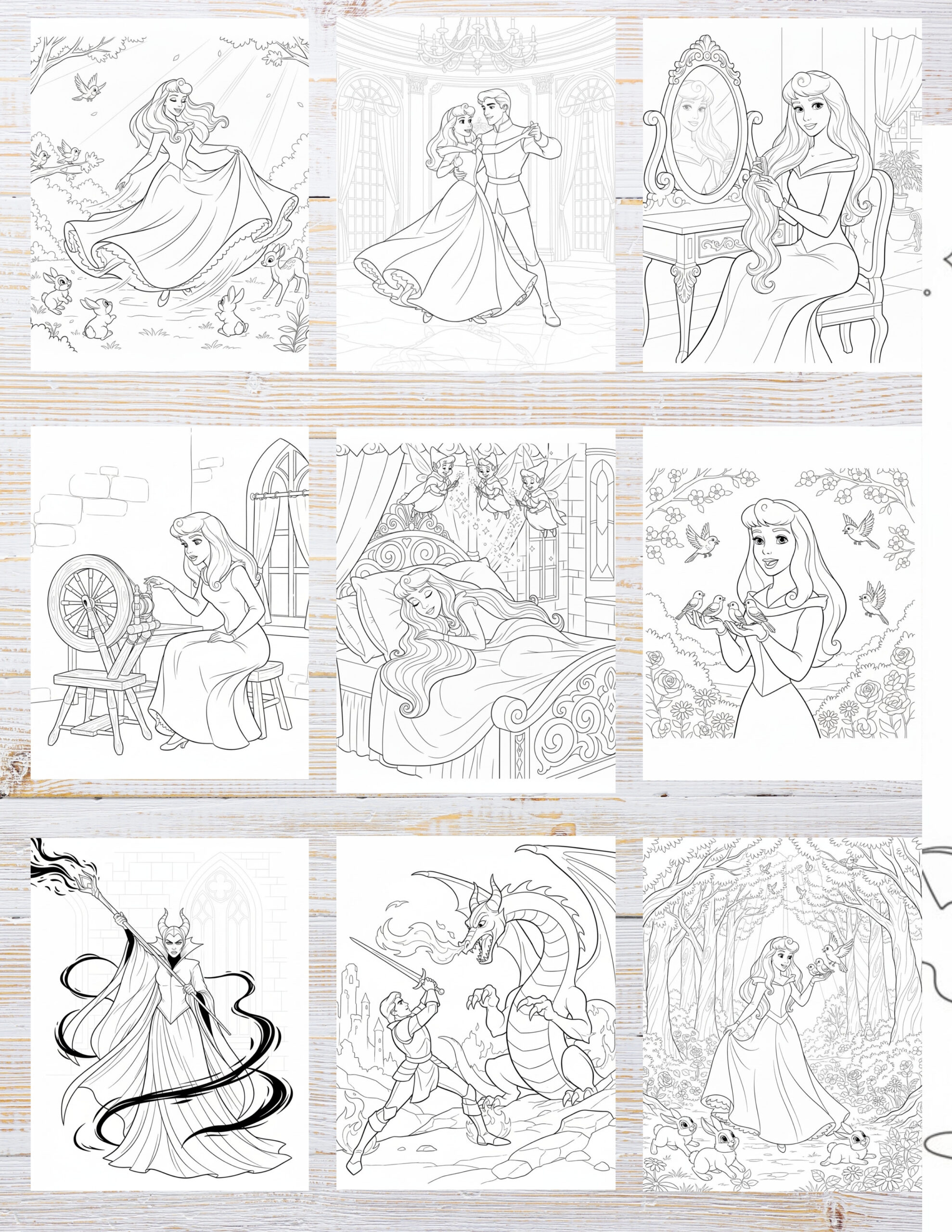 Free Printable Sleeping Beauty coloring pages for kids | 10 PDF Download 2 Black and white fairy-tale illustration of a princess, castle, and magical woodland scene ready for coloring.