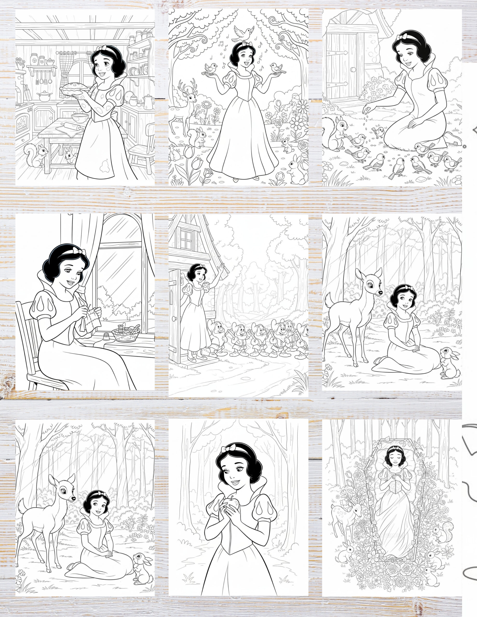 Free Printable Snow White coloring pages for kids | 10 PDF Download 2 Black and white fairy-tale illustration of a princess in a forest with woodland details, ready for coloring.