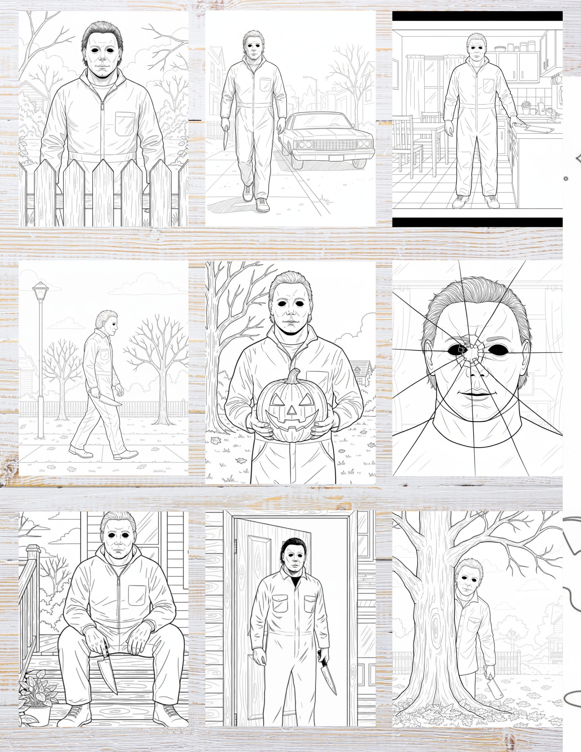 Free Printable Michael Myers coloring pages for kids | 10 PDF Download 2 Black and white illustration of a masked figure lurking in a dark, suspenseful scene, ready to color.