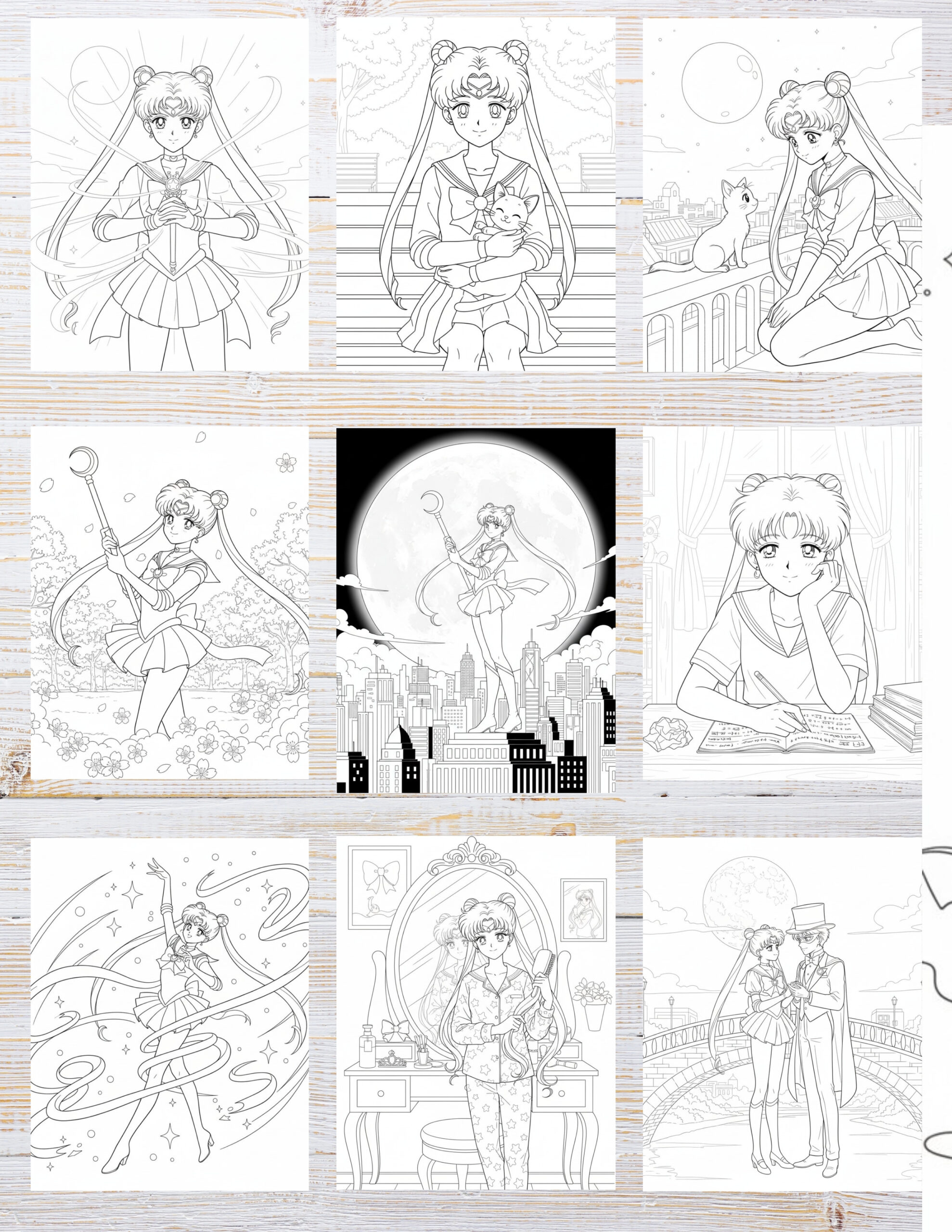 Free Printable Sailor Moon coloring pages for kids | 10 PDF Download 2 Black and white illustration of Sailor Moon in a heroic pose with a celestial background, ready for coloring.