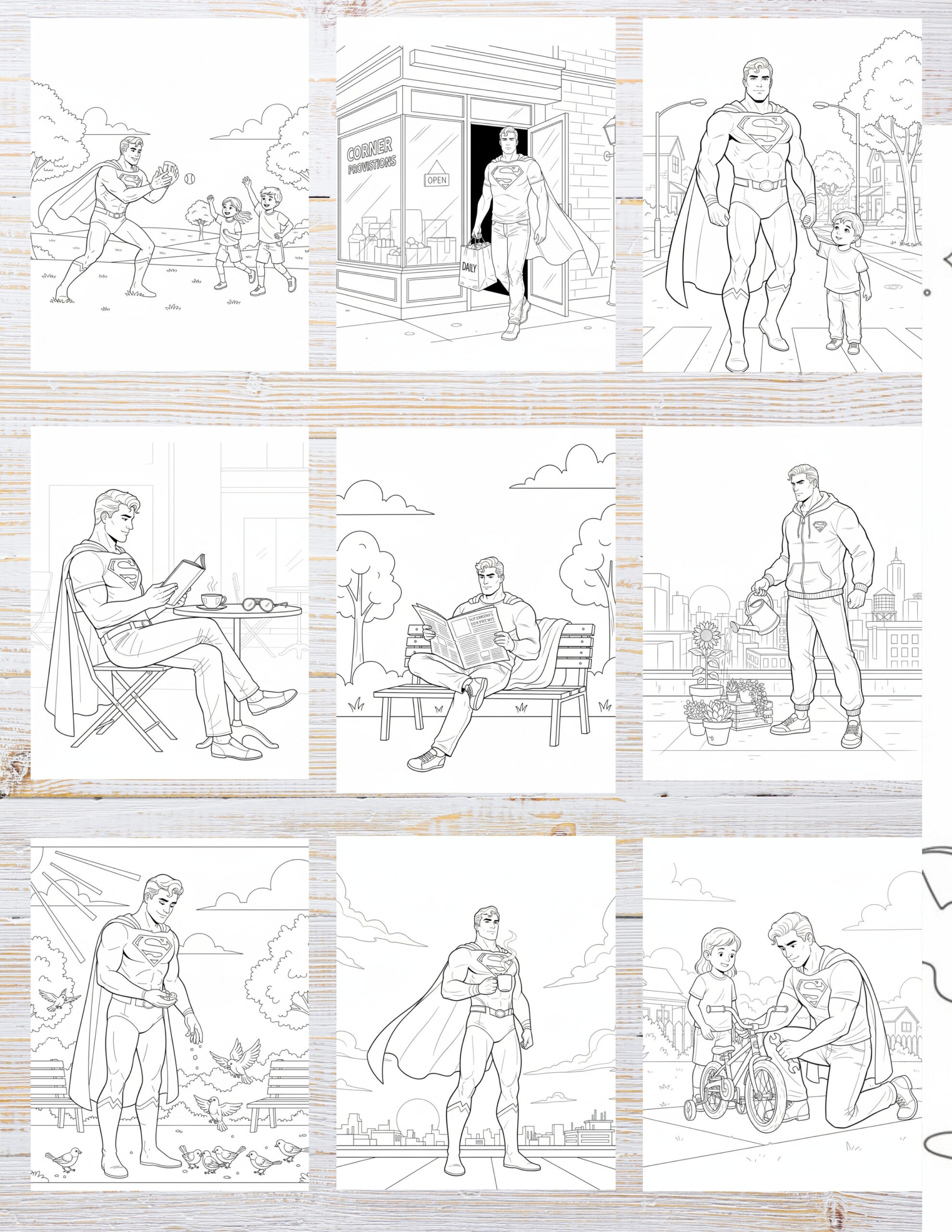 Free Printable Superhero coloring pages for kids | 10 PDF Download 2 Black and white illustration of heroic characters in dynamic action poses, ready for coloring.