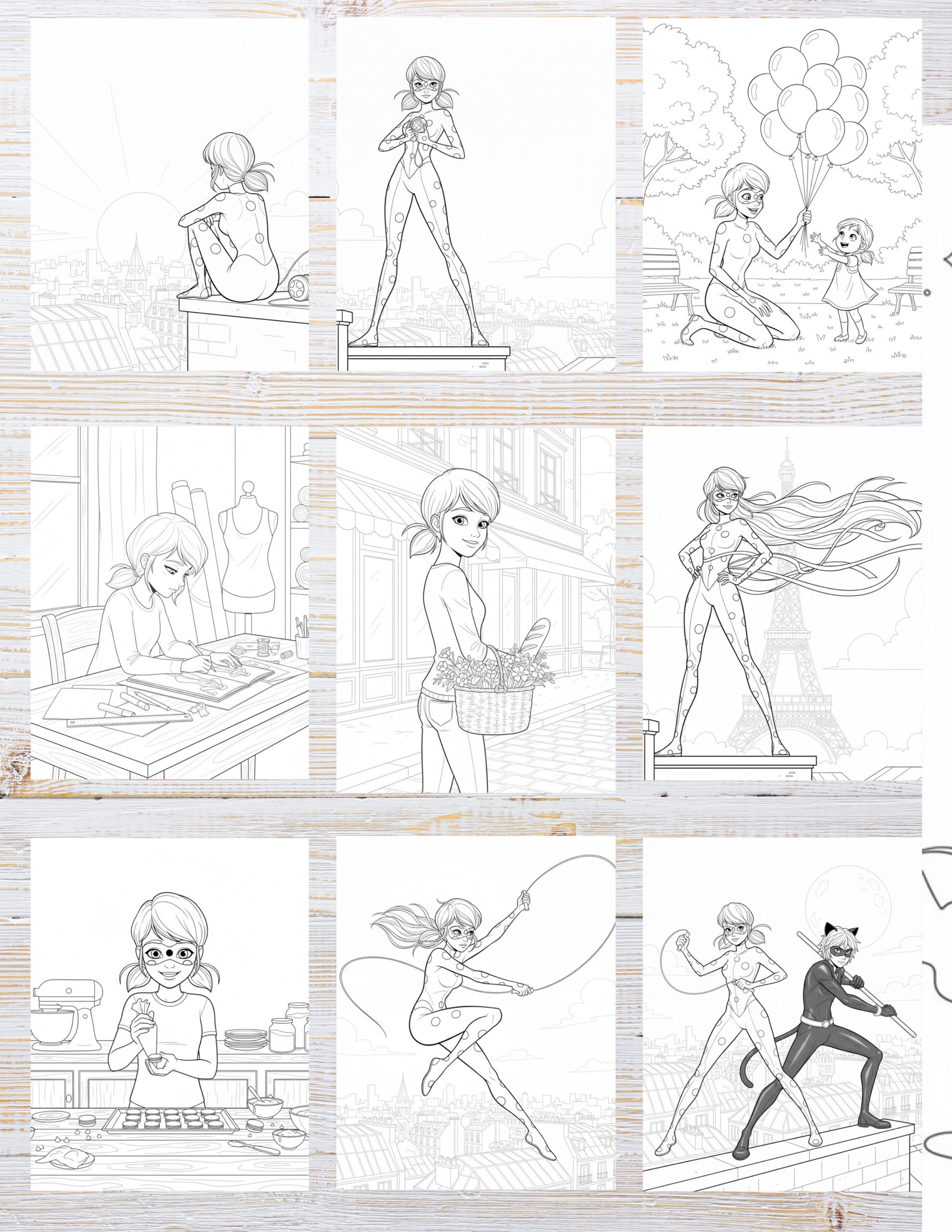 Free Printable Miraculous Ladybug coloring pages for kids | 10 PDF Download 2 Black and white illustration of Miraculous Ladybug in a heroic pose over Paris, ready for coloring.
