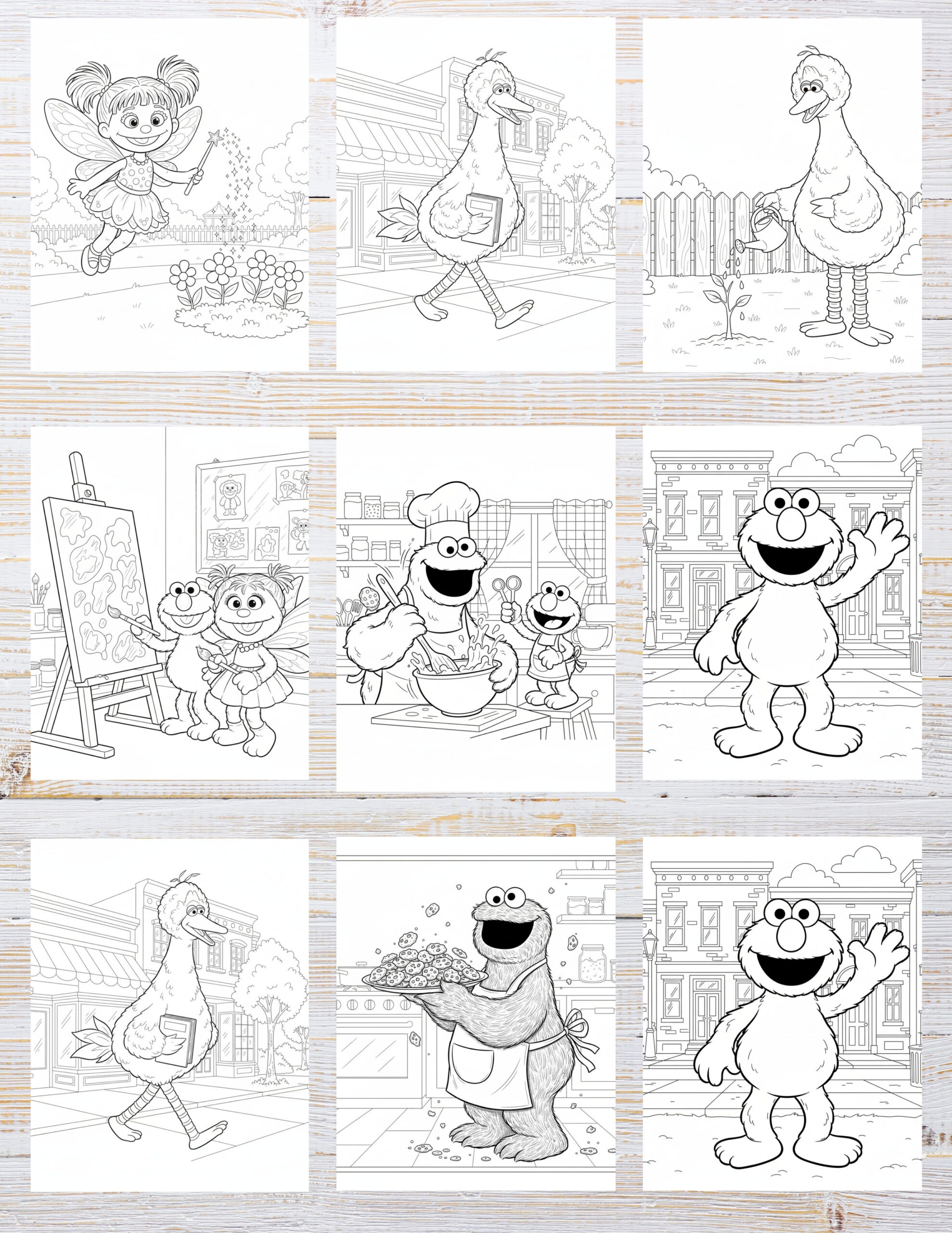 Free Printable Sesame Street coloring pages for kids | 10 PDF Download 2 Black and white illustration of Sesame Street characters in playful, engaging scenes, ready for coloring.