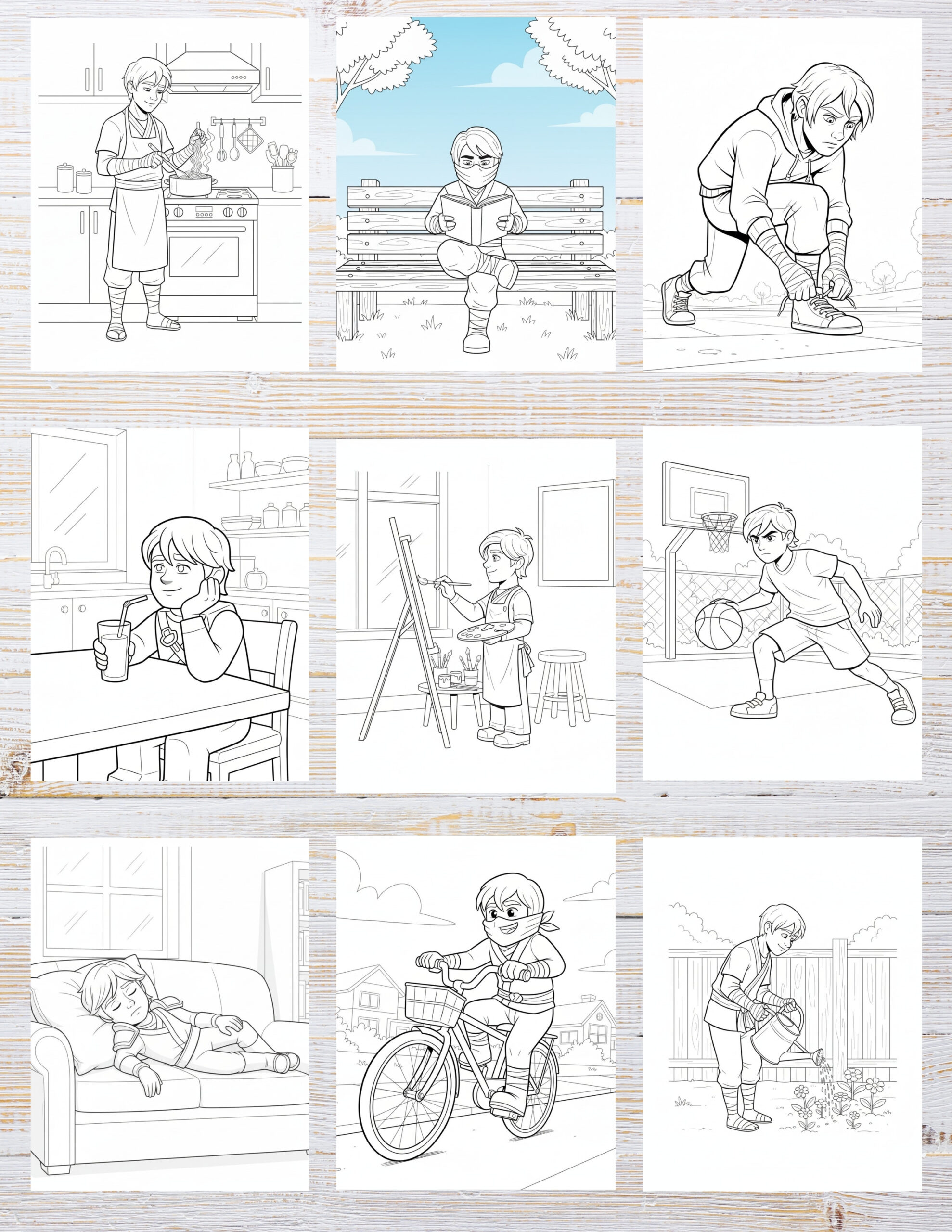 Free Printable Ninjago coloring pages for kids | 10 PDF Download 2 Black and white illustration of Ninjago characters in dynamic action poses, ready for coloring.