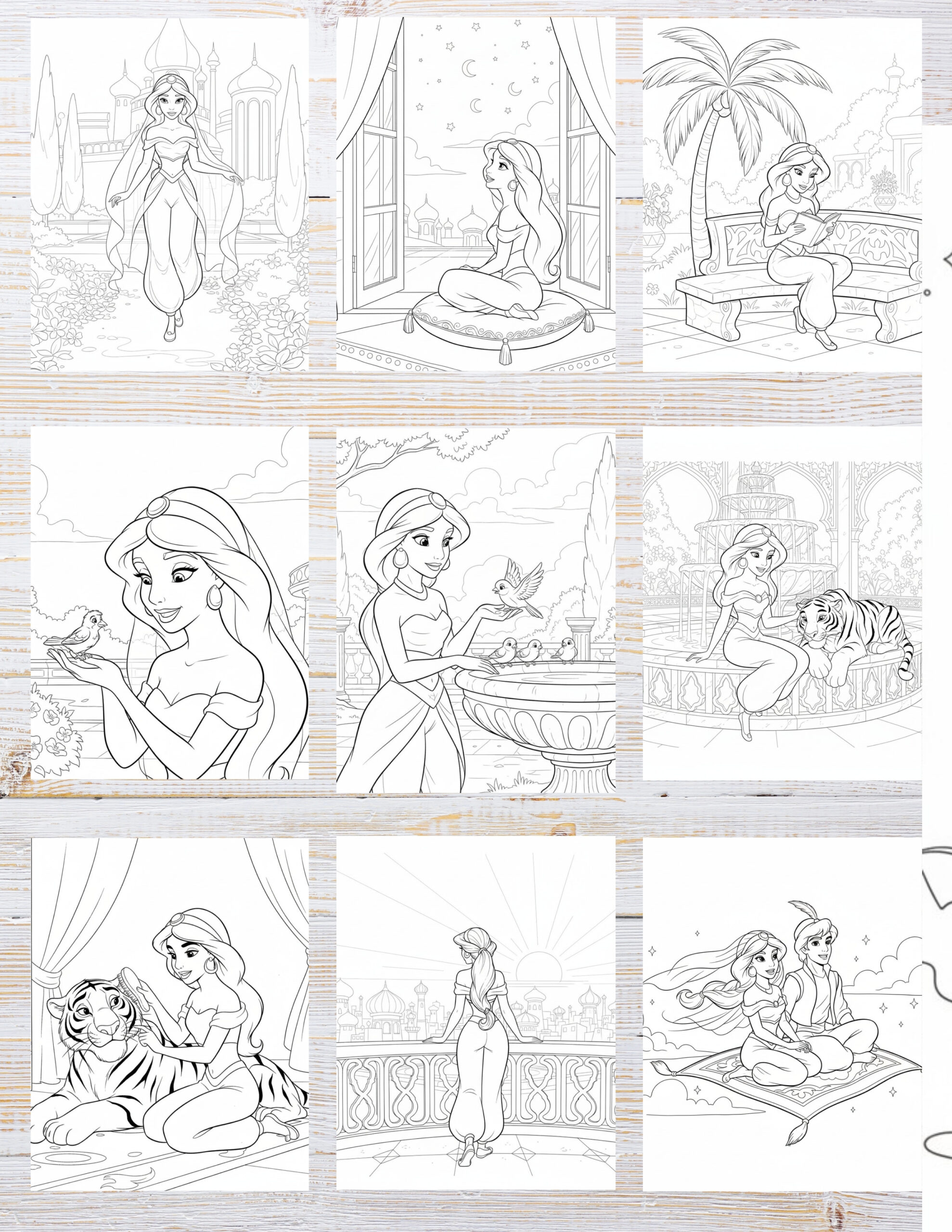 10 Printable Jasmine Coloring Pages for Kids | Free PDF Download 2 Princess-themed coloring pages featuring Jasmine in magical adventure scenes