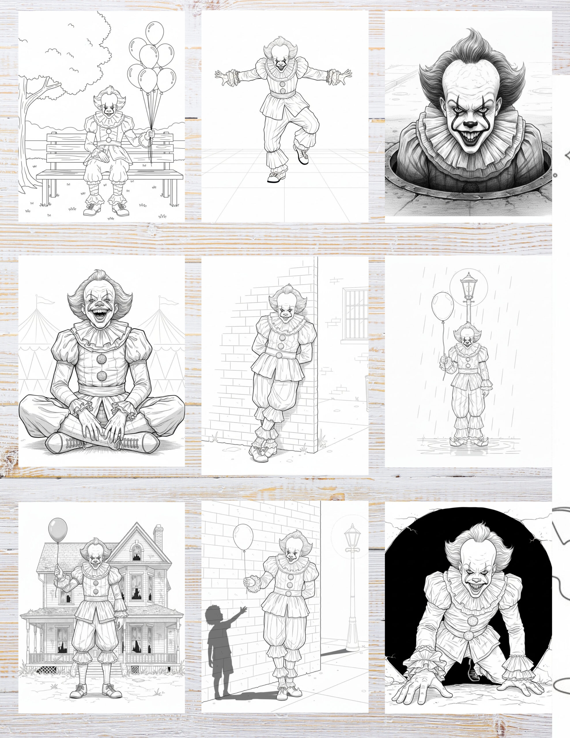 Free Printable Pennywise coloring pages for kids | 10 PDF Download 2 Black and white illustration of Pennywise the clown in a creepy scene with a red balloon, ready for coloring.