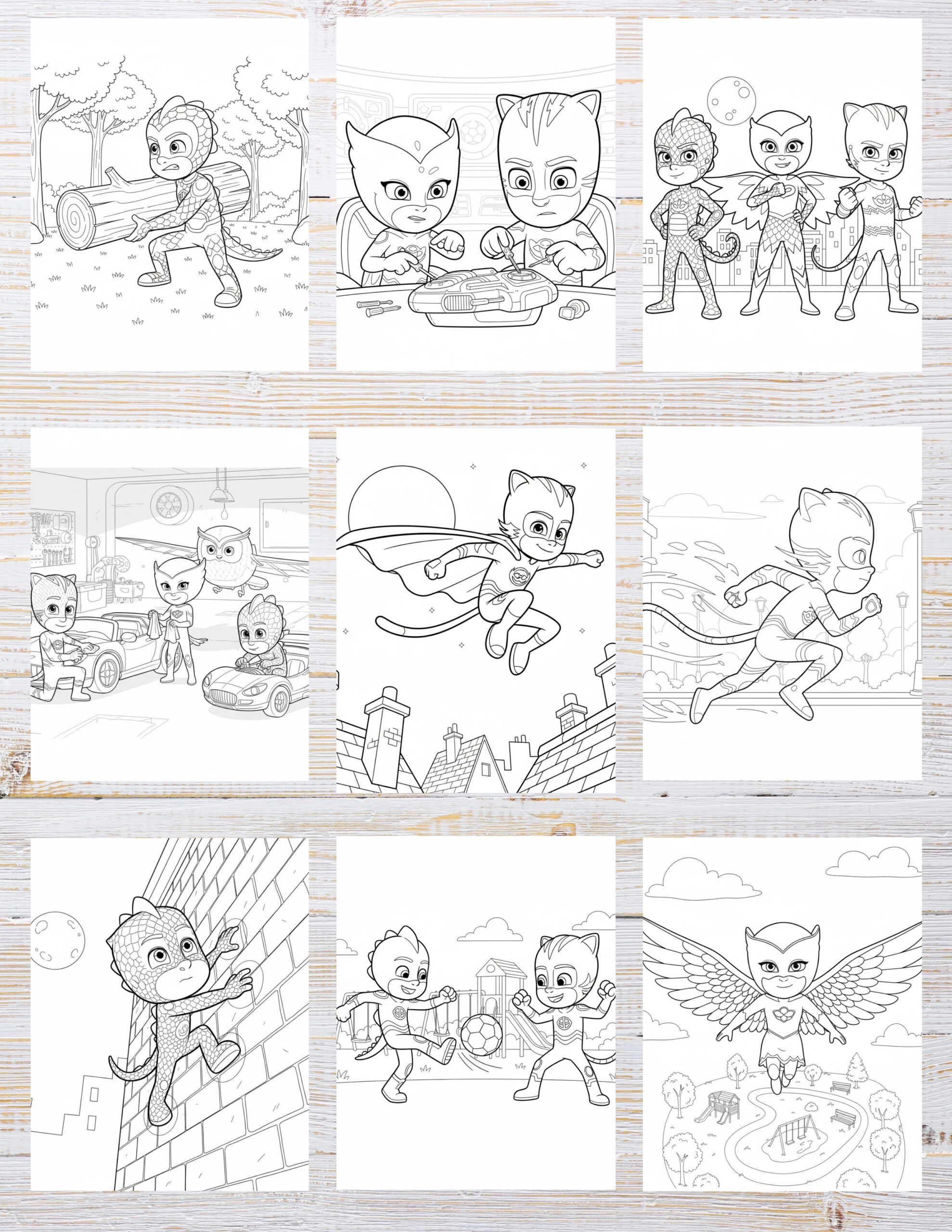 Free Printable PJ Masks coloring pages for kids | 10 PDF Download 2 Black and white illustration of PJ Masks characters in dynamic superhero action poses, ready for coloring.