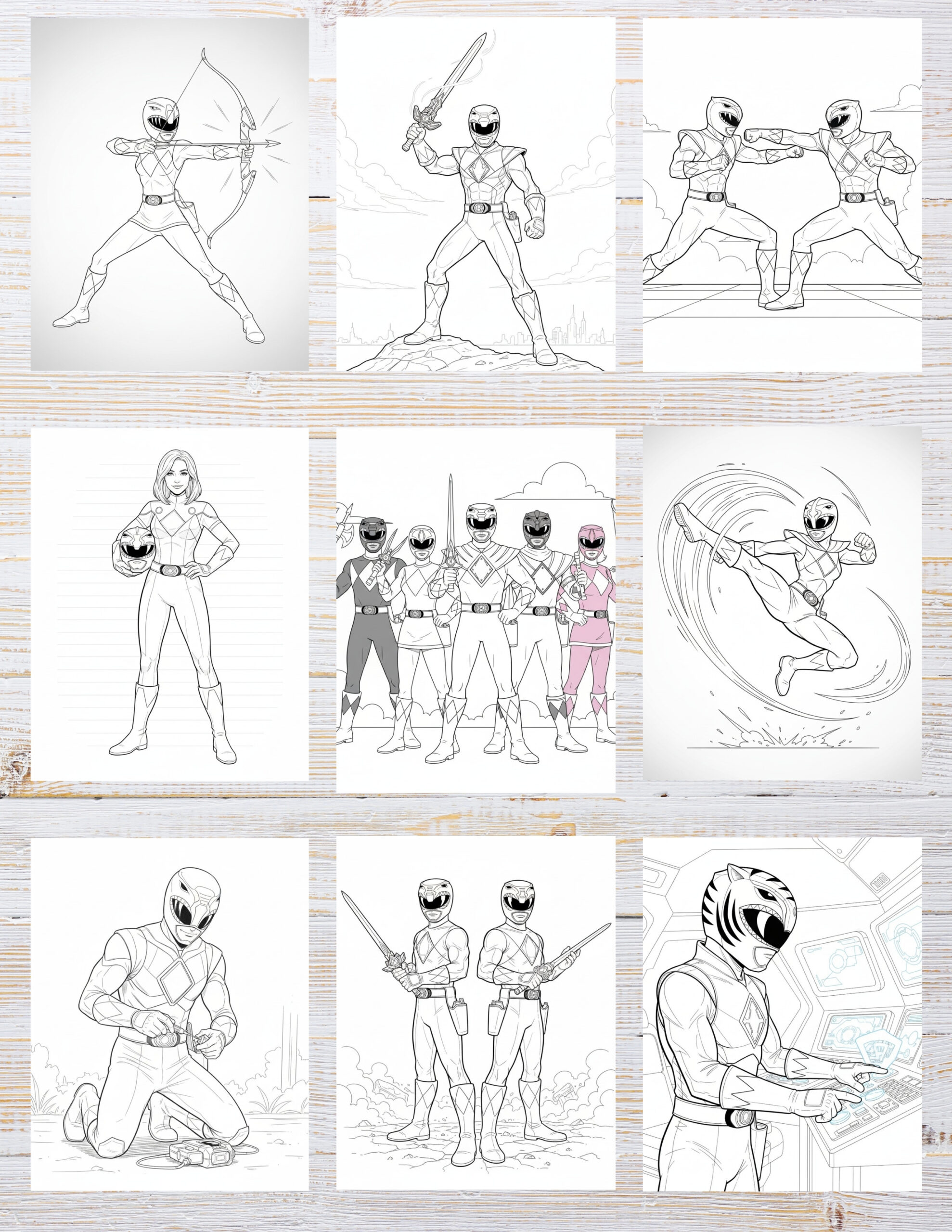 Power Ranger Coloring Pages – 10 Free Printables 2 Black and white illustration of Power Rangers in action poses, ready for coloring.