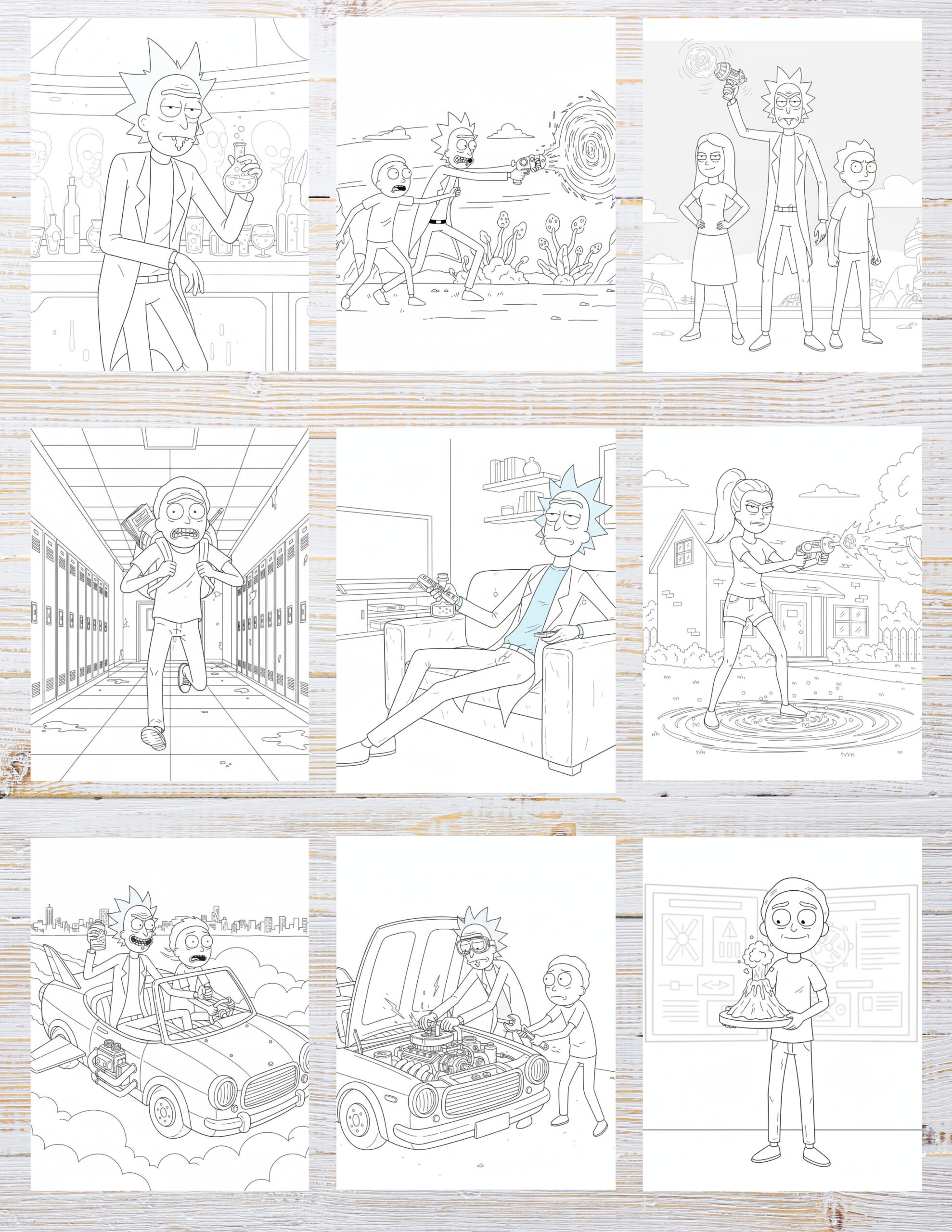 Free Printable Rick and Morty coloring pages for kids | 10 PDF Download 2 Black and white illustration of Rick and Morty in interdimensional adventure scenes, ready for coloring.