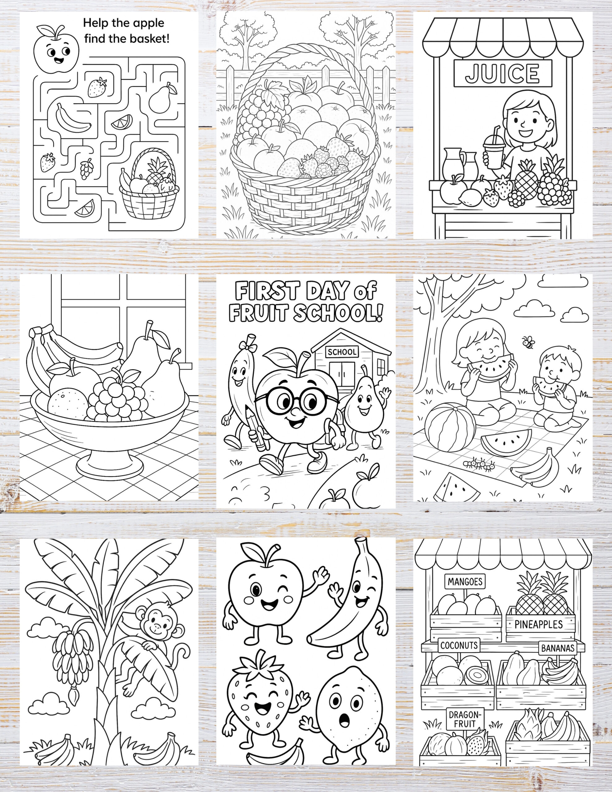 10 Free Printable Fruit Coloring Pages for Kids | Instant PDF Download 2 “Fruit coloring pages for kids featuring easy printable fruit designs, apples, bananas, berries, and fun healthy food illustrations.”