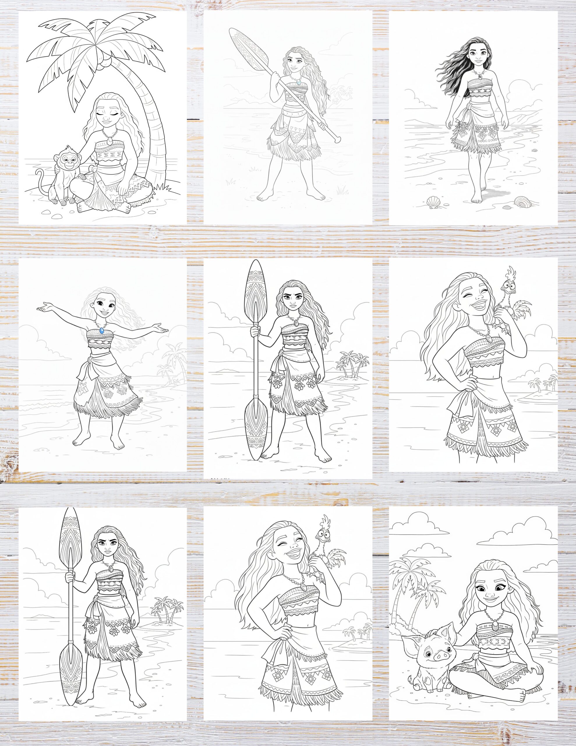 Free Printable Moana coloring pages for kids | 10 PDF Download 2 Black and white illustration of Moana on the ocean with her boat, ready for coloring.