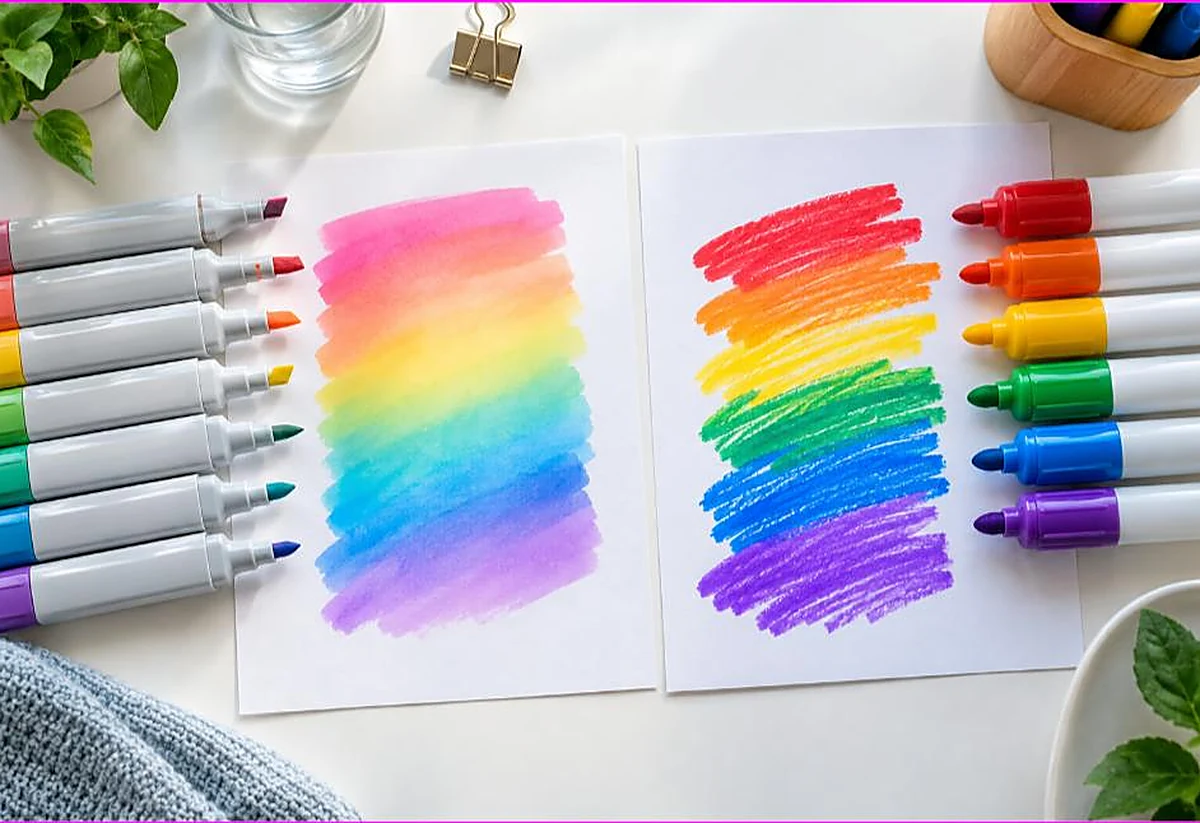 Alcohol markers with a smoothly blended swatch beside water-based markers with a streakier swatch, alcohol vs water-based markers