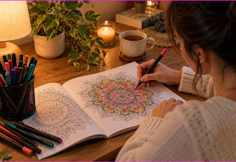 Adult relaxing by coloring an intricate mandala with markers in warm evening lamplight, showing the benefits of coloring for adults