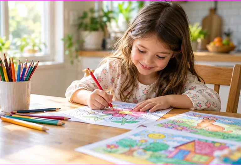 Young child happily coloring a printable coloring page with colored pencils at a table, showing the benefits of coloring for kids