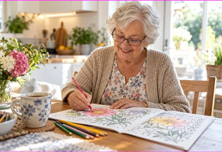 Smiling older woman with glasses coloring a floral page with colored pencils in a bright sunny kitchen, showing the benefits of coloring for seniors