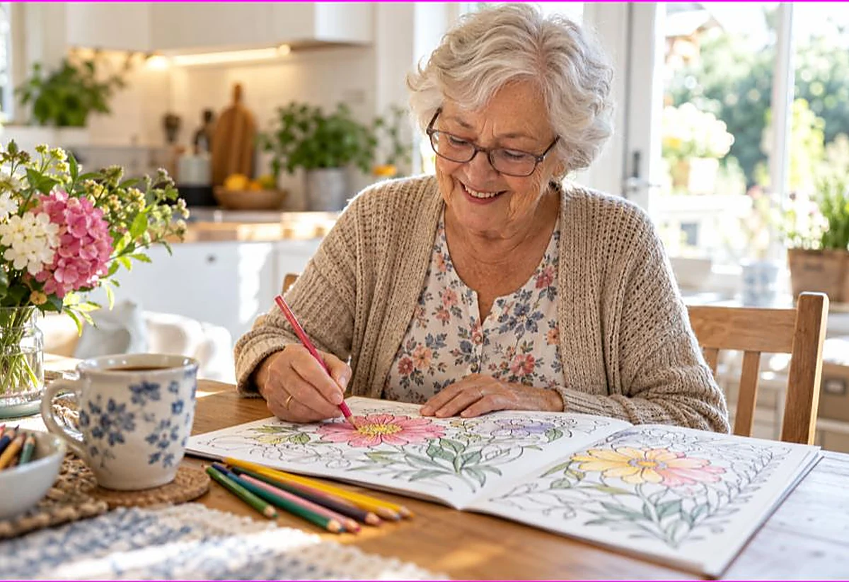 Smiling older woman with glasses coloring a floral page with colored pencils in a bright sunny kitchen, showing the benefits of coloring for seniors