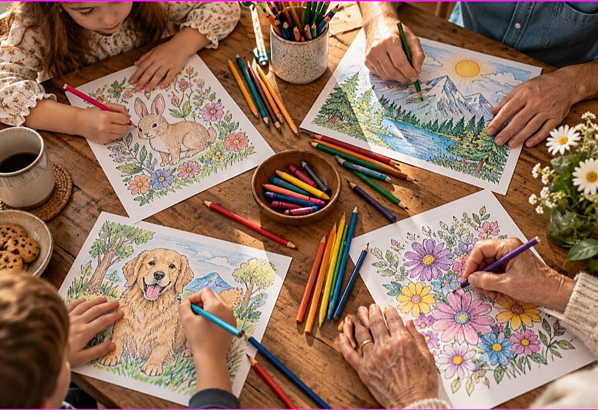 Overhead view of several hands of different ages coloring printed pages together around a shared table, showing the wide benefits of coloring