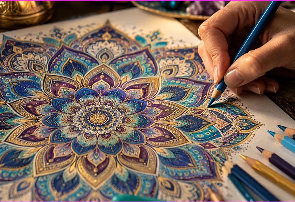 Close-up of a hand coloring an intricate jewel-tone mandala with colored pencils, showing the benefits of mandala coloring