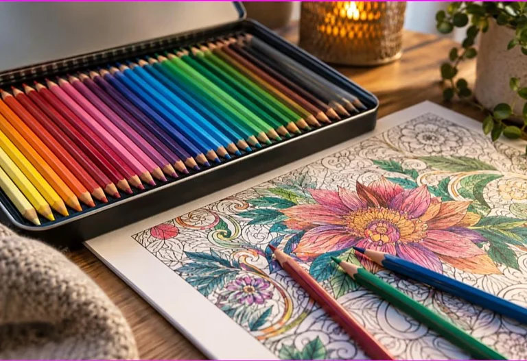 Open tin of premium colored pencils beside a beautifully shaded intricate adult coloring page, the best colored pencils for adult coloring
