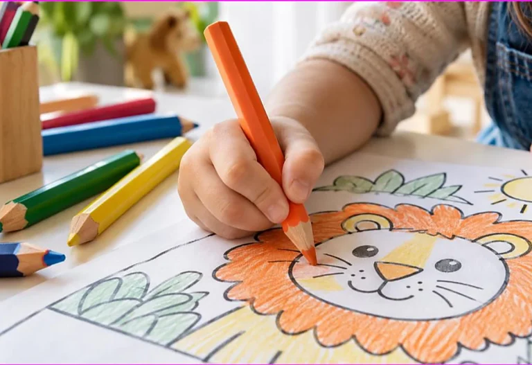 A child coloring a lion page with a chunky colored pencil beside thick kids colored pencils, the best colored pencils for kids
