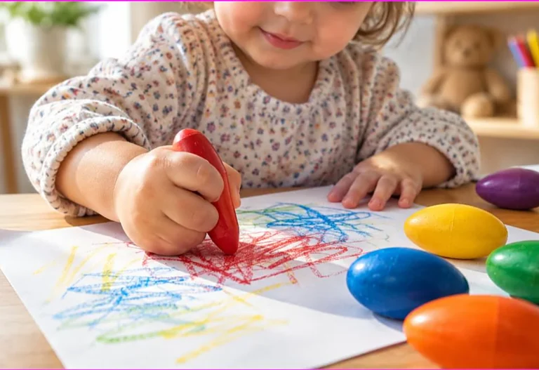 Toddler gripping a chunky egg-shaped crayon to scribble on paper with bright egg crayons nearby, the best crayons for toddlers