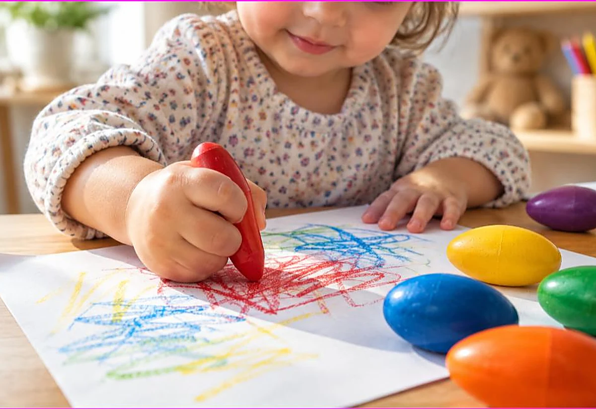 Toddler gripping a chunky egg-shaped crayon to scribble on paper with bright egg crayons nearby, the best crayons for toddlers