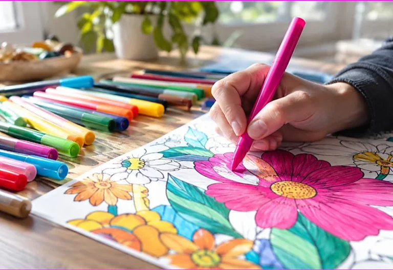 Hand coloring a vibrant floral page with a marker beside a spread of colorful markers, choosing the best markers for coloring
