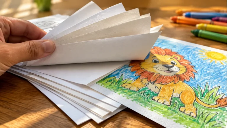 Fanning sheets of coloring paper by thickness with a colored lion page and crayons
