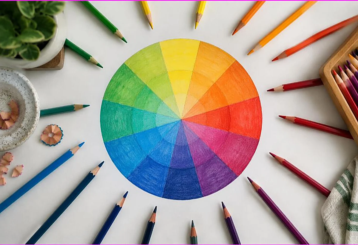 Hand-colored color wheel with colored pencils radiating around it, color theory basics for coloring