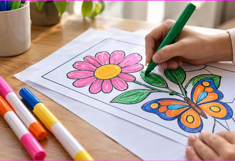 Hand coloring a page with a marker over a protective backing sheet to prevent bleed-through, how to color with markers without bleeding