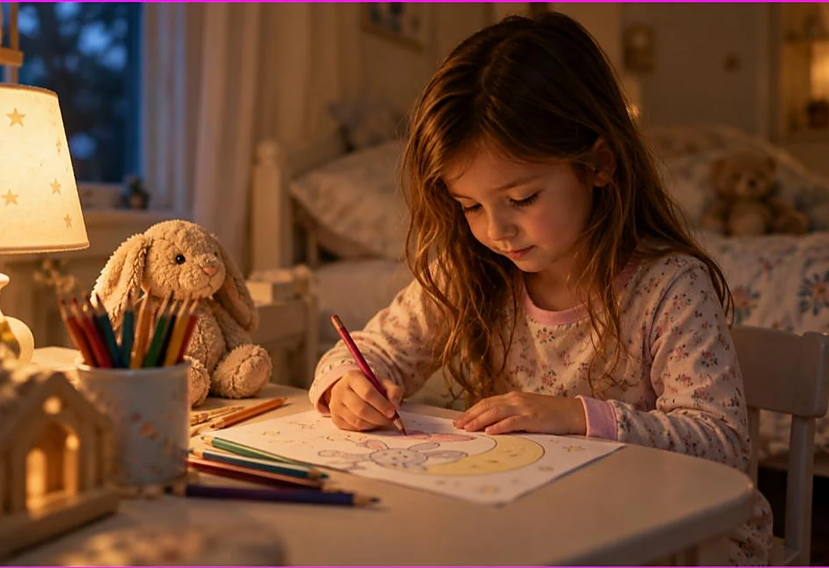 Child in pajamas calmly coloring a gentle page by a warm bedside lamp in the evening, a soothing coloring before bed routine
