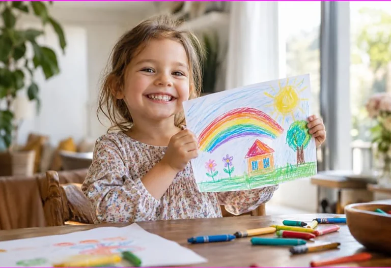 Smiling preschooler proudly holding up a colorful finished drawing at a table with crayons, coloring and child development