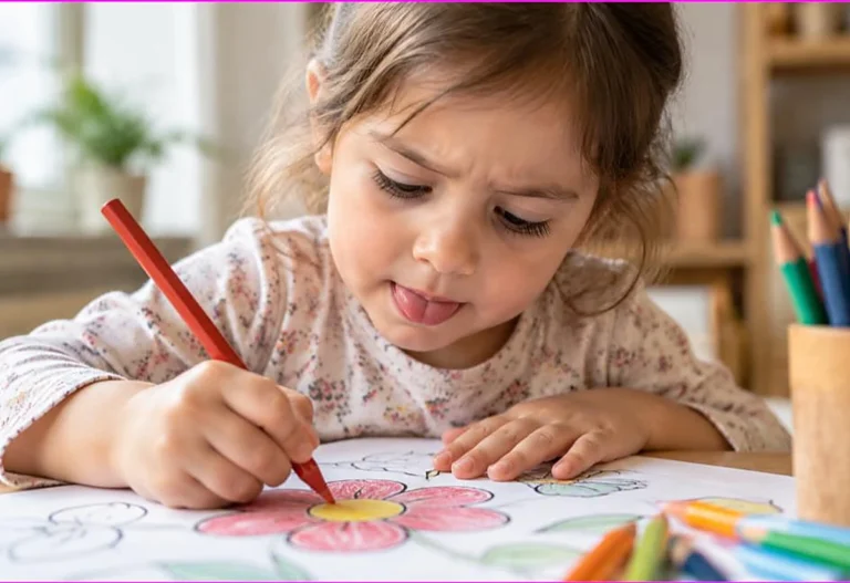Young child deeply concentrating with tongue out while coloring a flower, coloring improves concentration and focus in kids