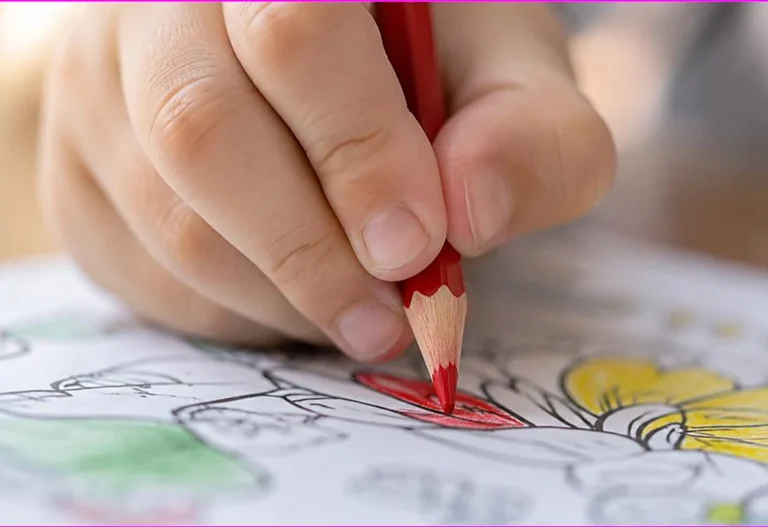 Close-up of a child fingers gripping a colored pencil in a tripod grasp while coloring, coloring builds fine motor skills