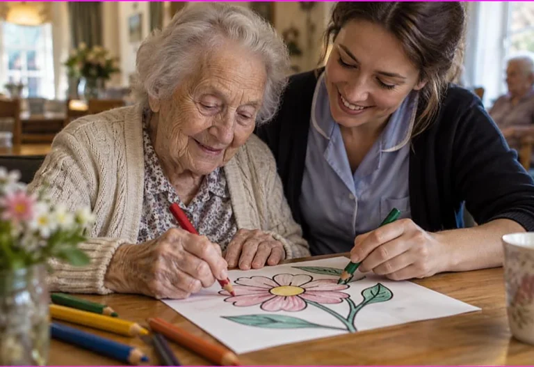 Caregiver and an elderly woman coloring a bold flower page together with colored pencils in a warm care home, illustrating coloring for dementia patients
