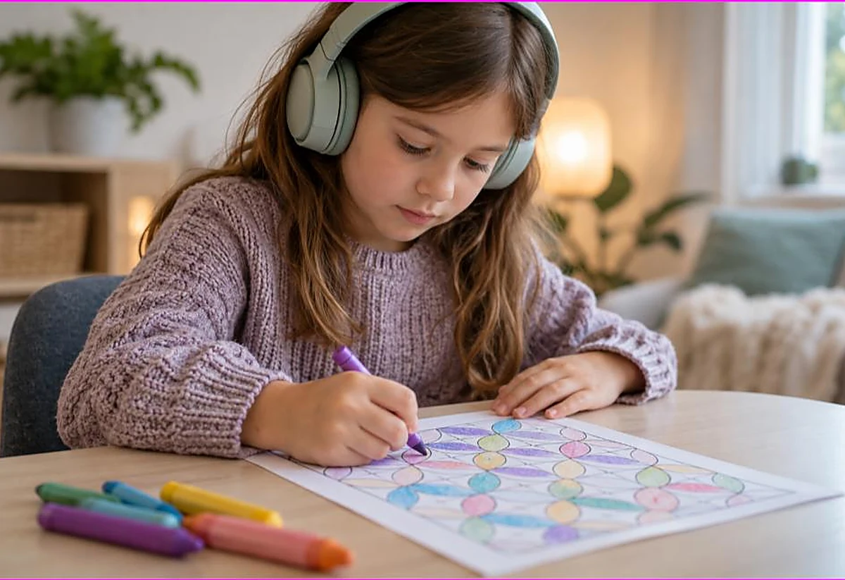 Calm focused child wearing soft headphones coloring a repetitive pattern page with crayons in a serene room, illustrating coloring for kids with autism and sensory needs