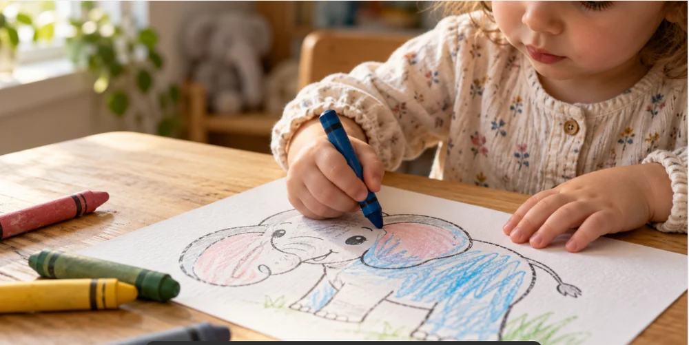 Toddler coloring a printed elephant with crayons at a table