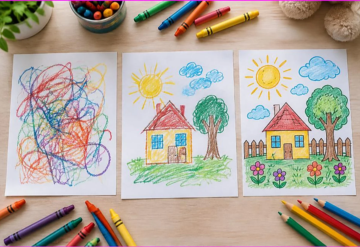 Three children drawings side by side showing coloring progress from toddler scribbles to detailed artwork, developmental milestones of coloring