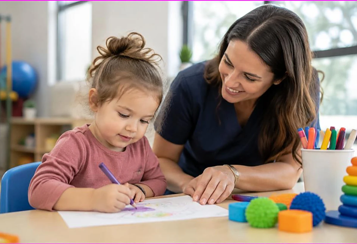 Pediatric occupational therapist encouraging a young child during a coloring activity with therapy tools nearby, coloring in occupational therapy for kids