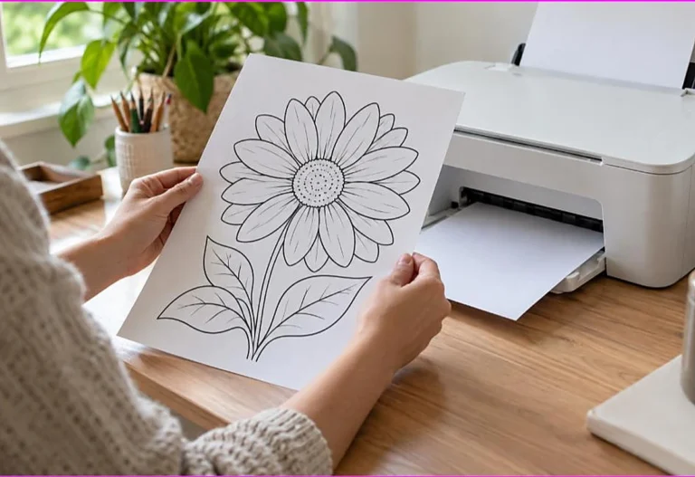 Hands holding a full-size printed flower coloring page beside a home inkjet printer, solving coloring pages not printing full size