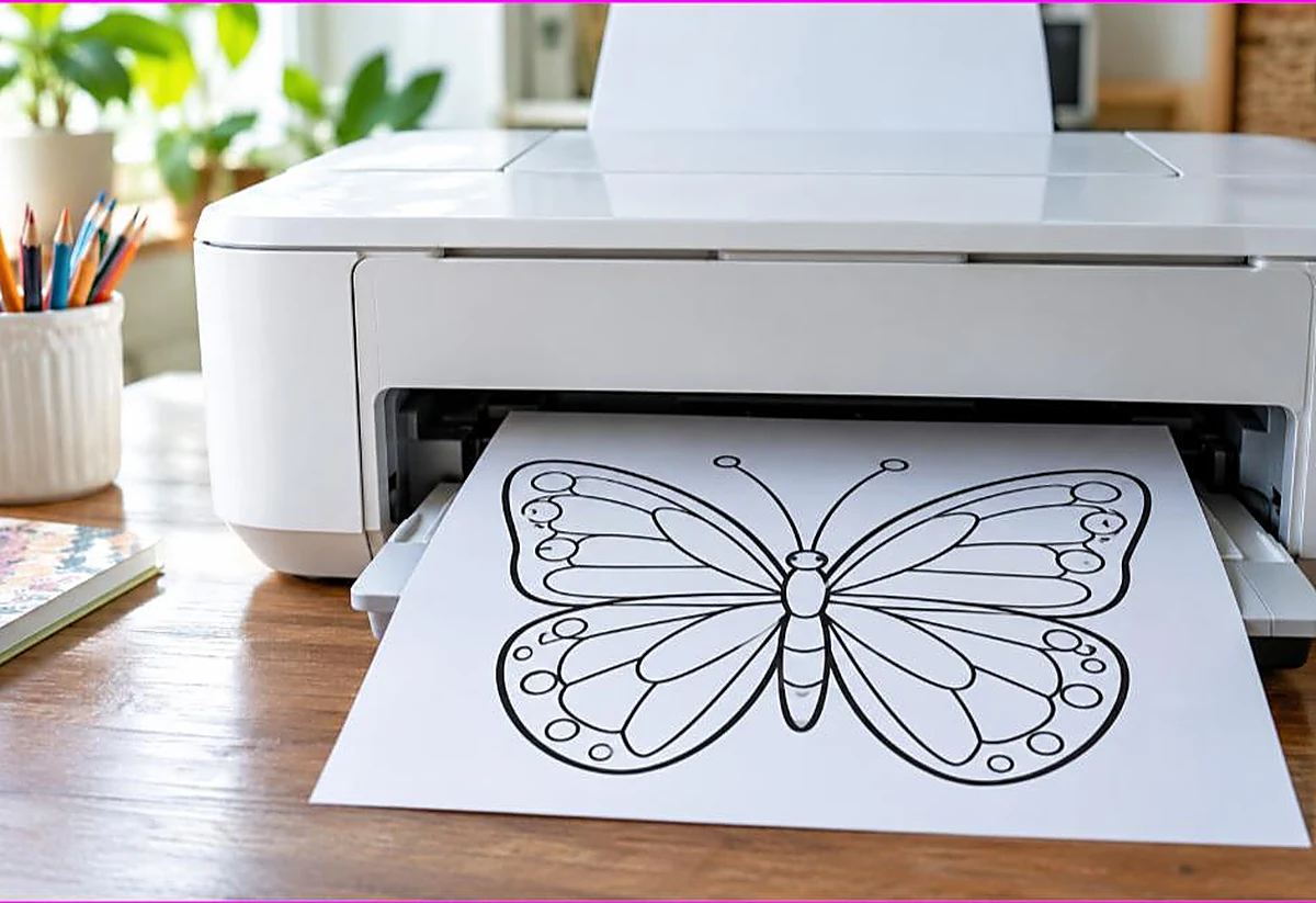Home printer ejecting a full-size butterfly coloring page that fills the sheet, fixing coloring pages printing too small or cut off