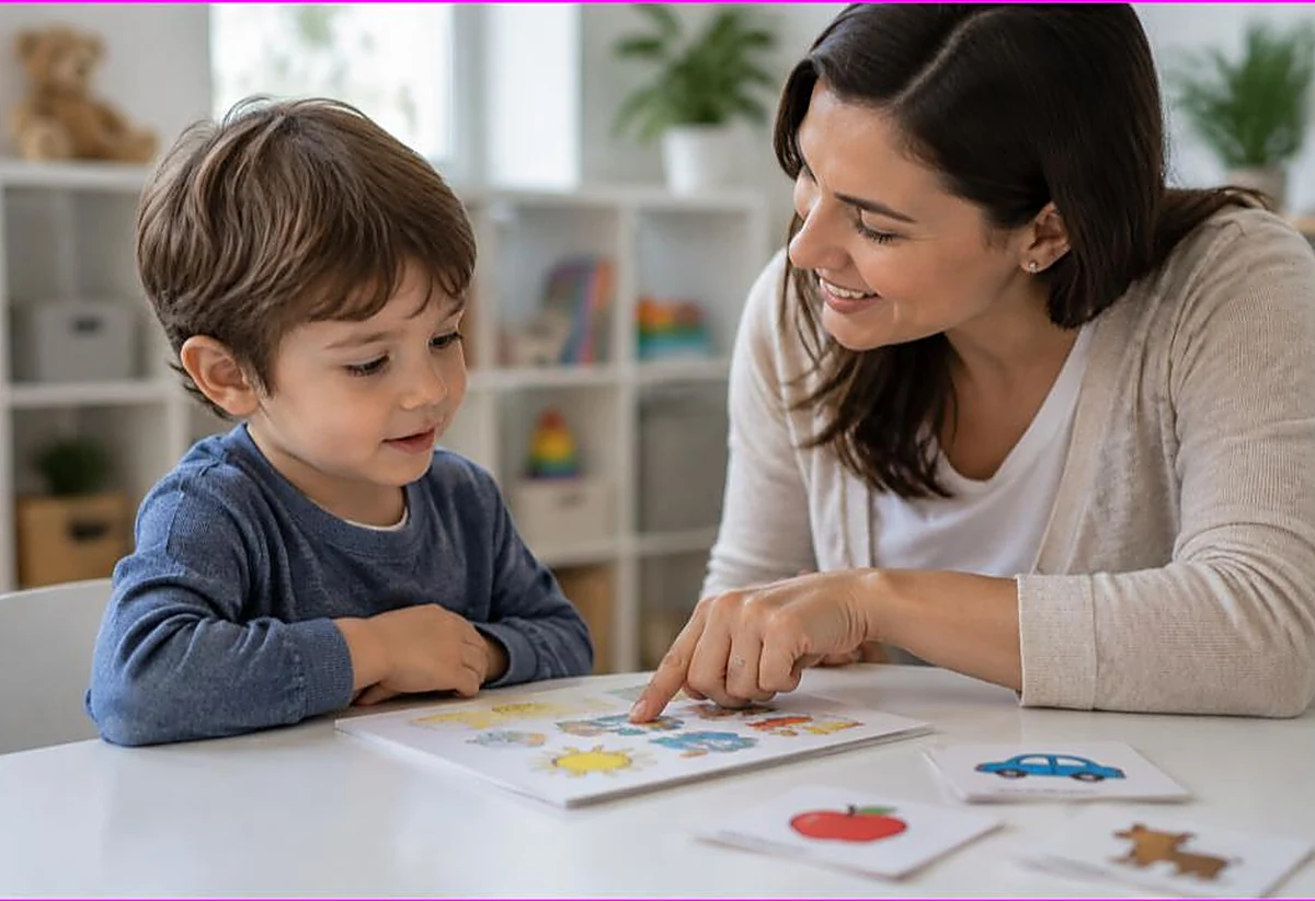 Speech therapist pointing at a colorful picture while a child names it, with picture flashcards, coloring for speech therapy and vocabulary building