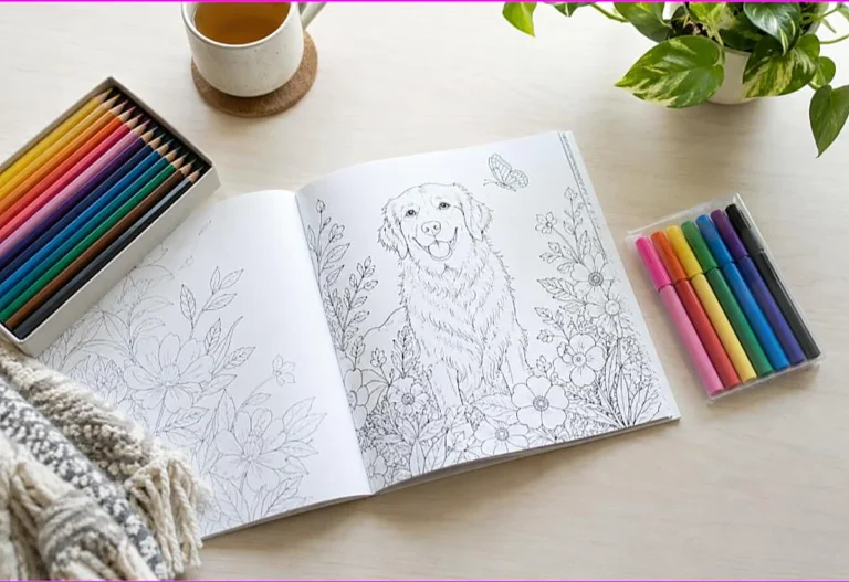 A simple beginner coloring starter set with colored pencils, markers and an open coloring book, coloring supplies for beginners